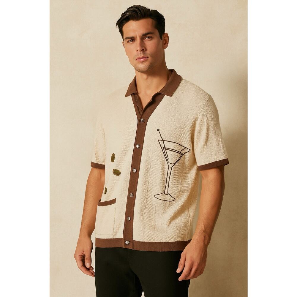 NWT Art of Rhetoric Martini Olive Cocktail Textured Knit Button Up Polo Shirt